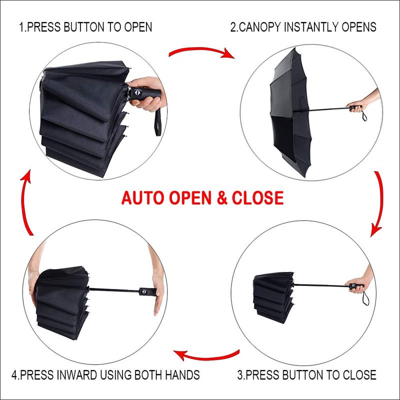 PFFY 2 Packs Travel Umbrella Windproof Auto Open & Close Collapsible Folding Small Compact Backpack Car travel Essentials Purse Umbrellas for Rain Black+Blue - Image 4